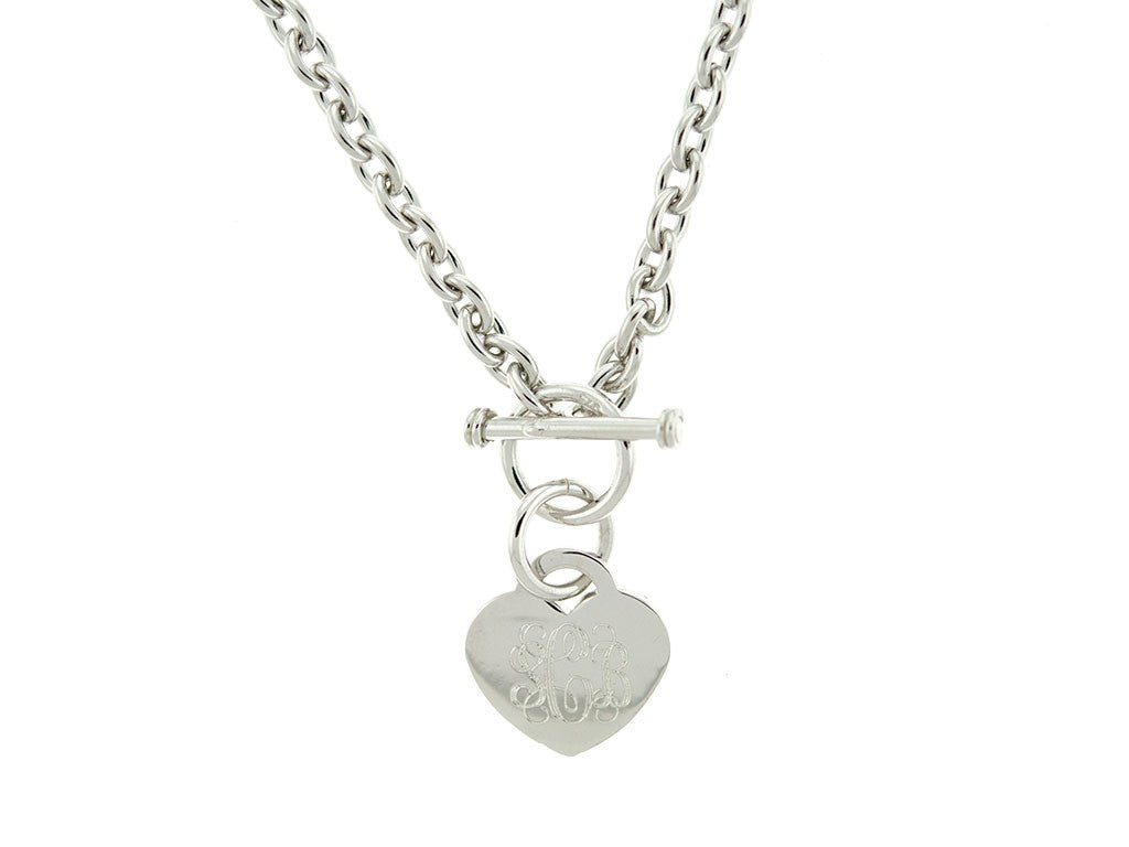 Silver Monogram Heart Tag Charm Bracelet Block Font
