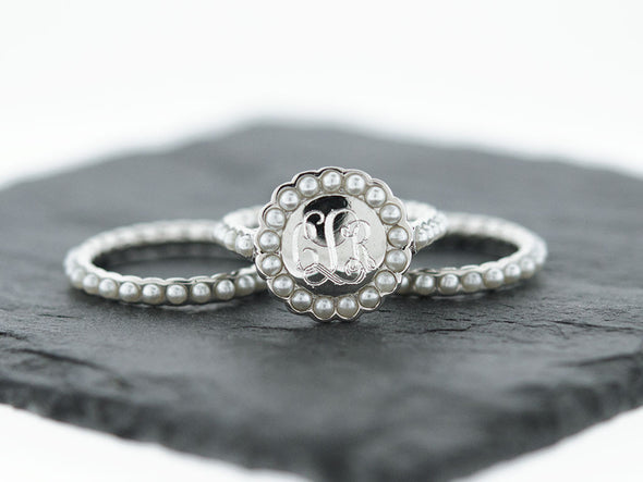 Silver Pearl Stacking Monogram Ring